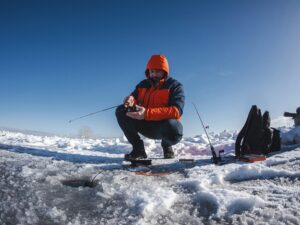 Ice fishing gear on a frozen lake