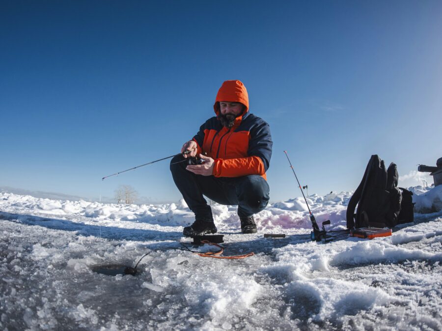 Ice fishing gear on a frozen lake